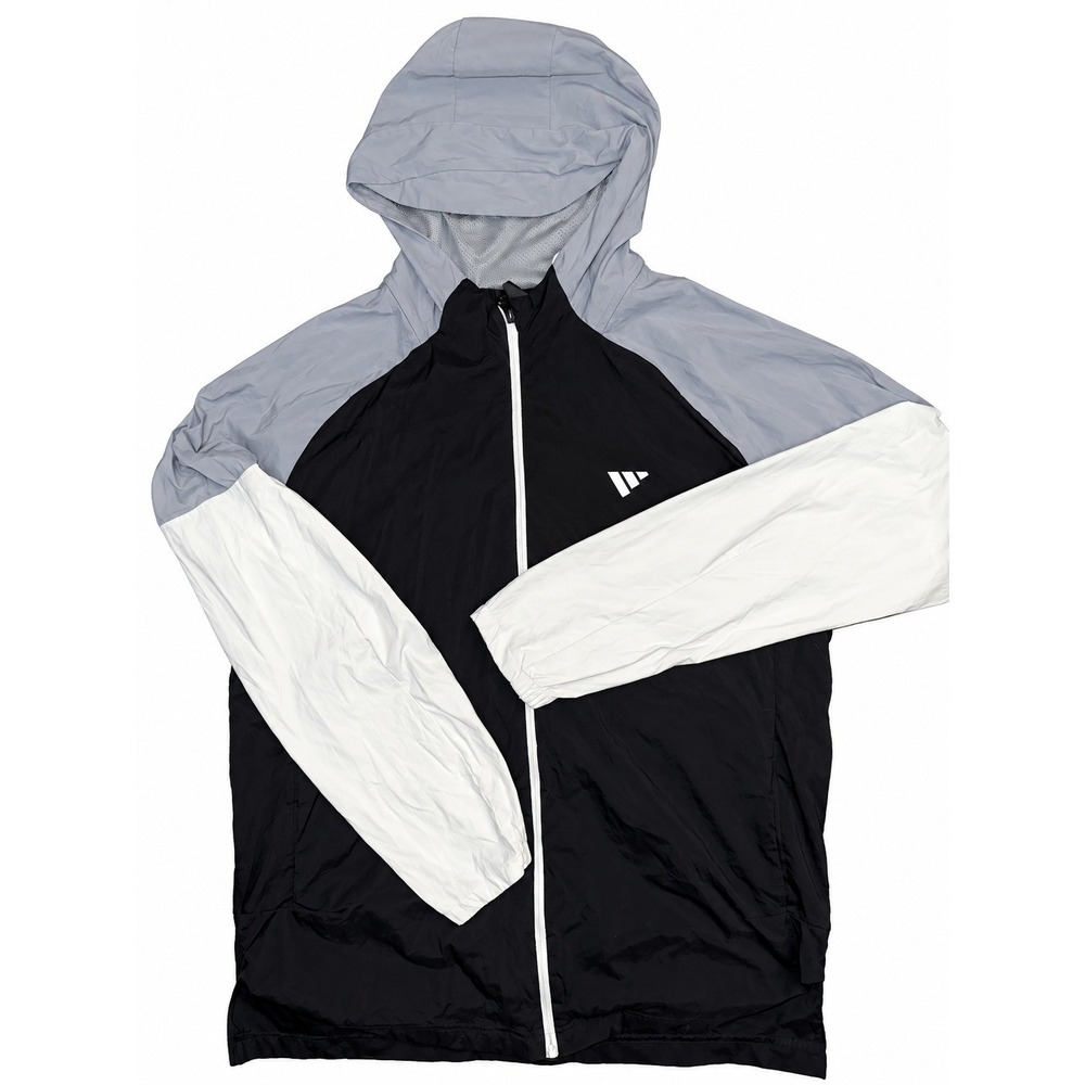 Adidas Men's Hooded Windbreaker Size LJacket Black White Gray Full Zip